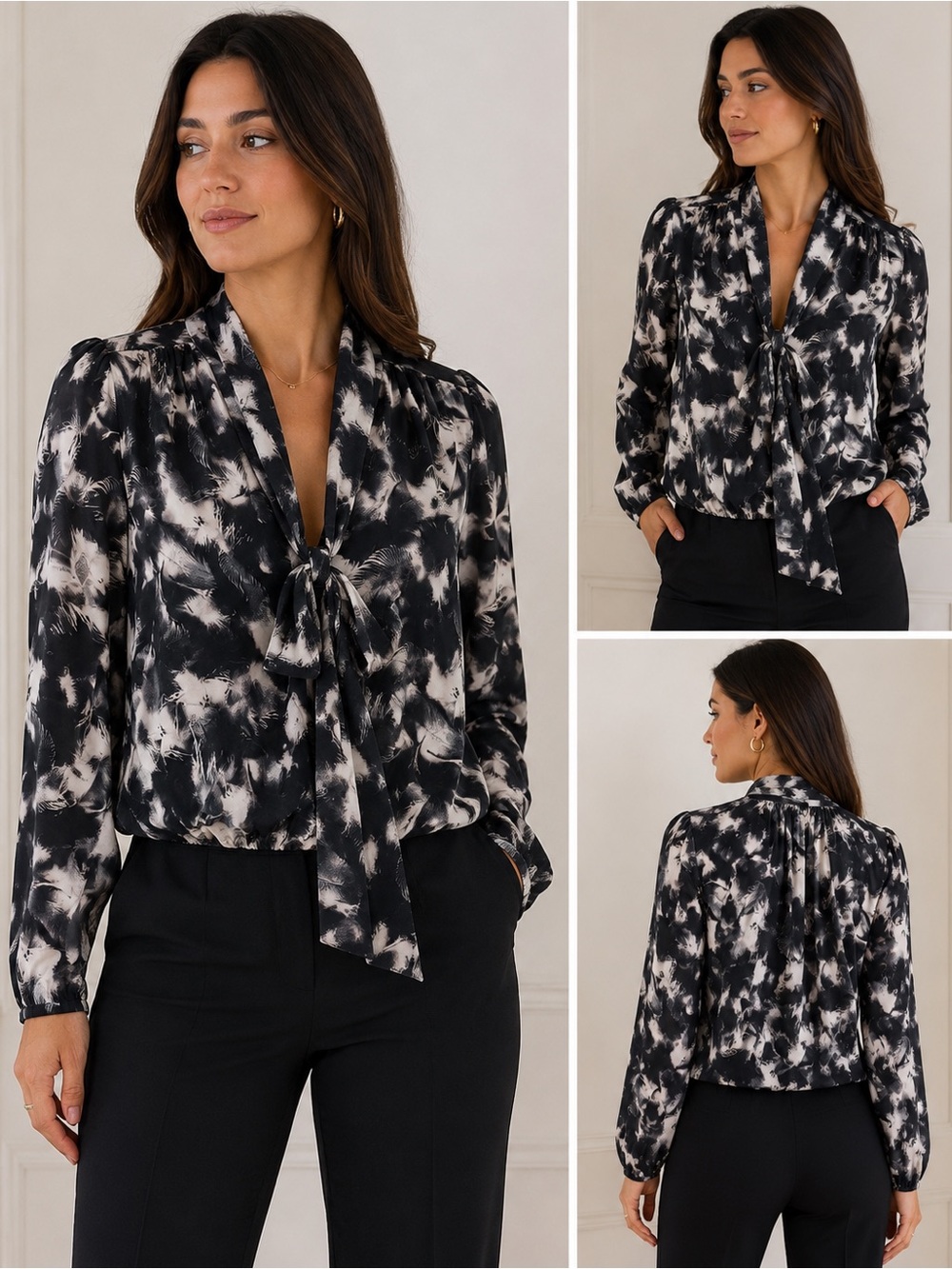 Calvin Rucker Feather Print Tie Neck Blouse Top Black White Silk S EUC